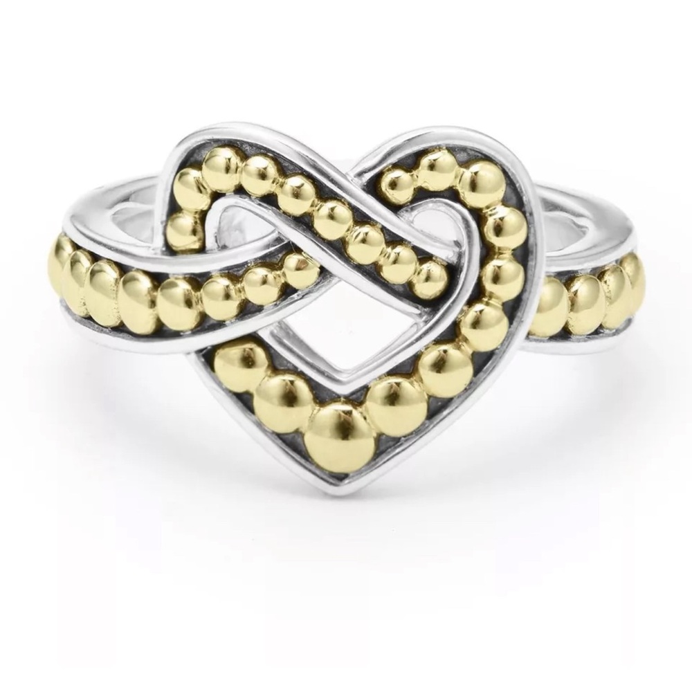 Lagos Large Two Tone Beloved Heart Caviar Silver 18K Gold Size 7 Ring NWT $950